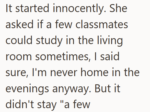 It started innocently. She asked if a few classmates could study in the living room sometimes, I said sure, I'm never home in the evenings anyway. But it didn't stay "a few