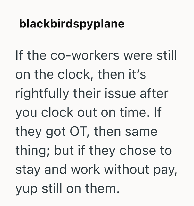 blackbirdspyplane If the co-workers were still on the clock, then it's rightfully their issue after you clock out on time. If they got OT, then same thing; but if they chose to stay and work without pay, yup still on them.