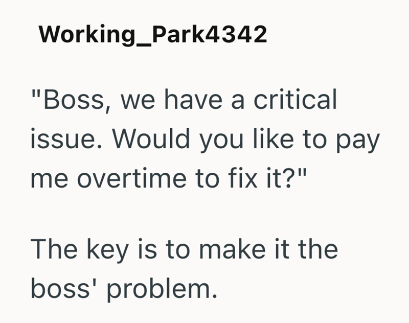 Working Park4342 "Boss, we have a critical issue. Would you like to pay me overtime to fix it?" The key is to make it the boss' problem.