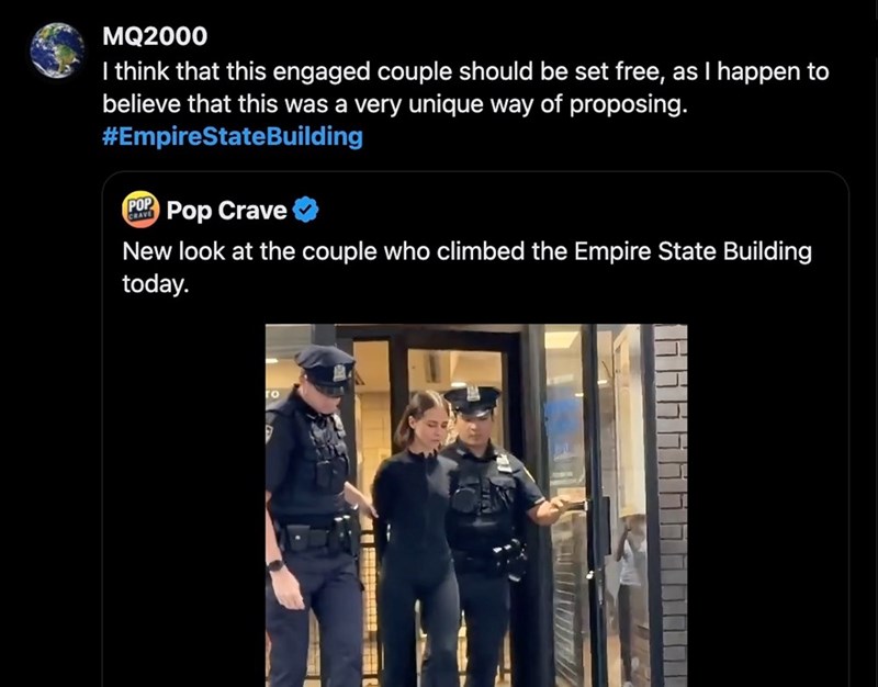 MQ2000 I think that this engaged couple should be set free, as I happen to believe that this was a very unique way of proposing. #EmpireStateBuilding POP CRAVE Pop Crave New look at the couple who climbed the Empire State Building today. ro