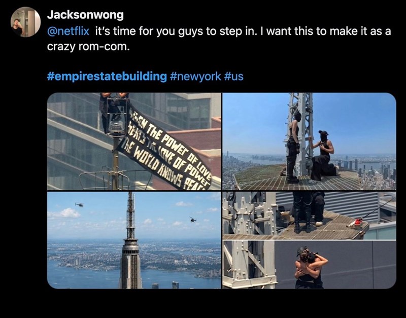 Jacksonwong @netflix it's time for you guys to step in. I want this to make it as a crazy rom-com. #empirestatebuilding #newyork #us EN THE POWER TERRE DRIVE OF POW THE WORLD KNOWS FEA