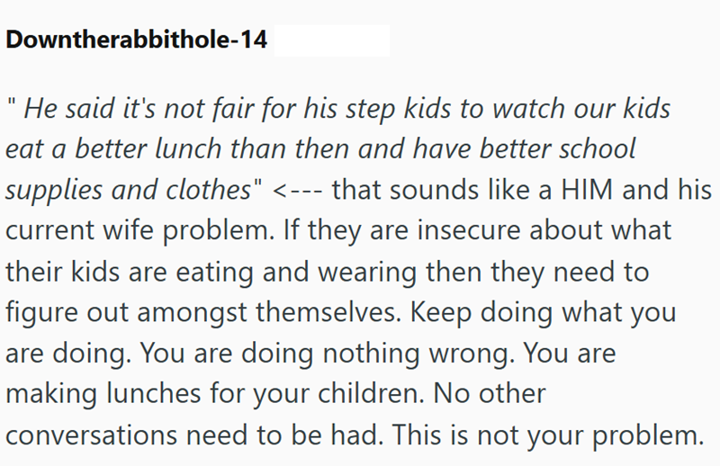 Downtherabbithole-14 He said it's not fair for his step kids to watch our kids eat a better lunch than then and have better school supplies and clothes" <--- that sounds like a HIM and his current wife problem. If they are insecure about what their kids are eating and wearing then they need to figure out amongst themselves. Keep doing what you are doing. You are doing nothing wrong. You are making lunches for your children. No other conversations need to be had. This is not your problem.
