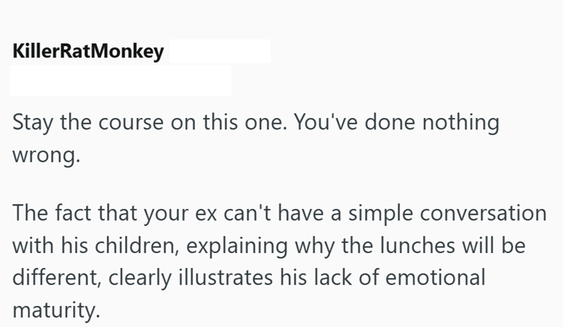 KillerRatMonkey Stay the course on this one. You've done nothing wrong. The fact that your ex can't have a simple conversation with his children, explaining why the lunches will be different, clearly illustrates his lack of emotional maturity.