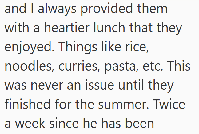 and I always provided them with a heartier lunch that they enjoyed. Things like rice, noodles, curries, pasta, etc. This was never an issue until they finished for the summer. Twice a week since he has been