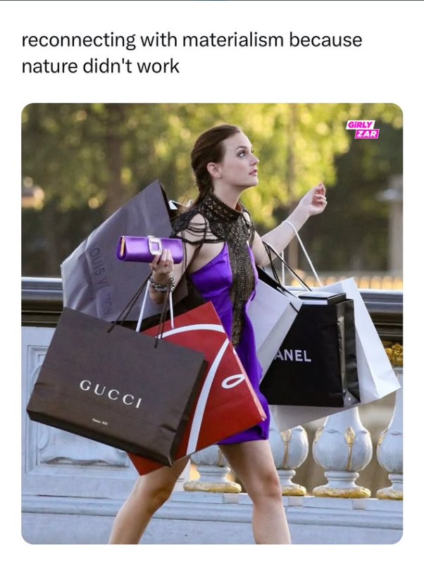 reconnecting with materialism because nature didn't work OUIS VITTON GUCCI GIRLY ZAR ANEL