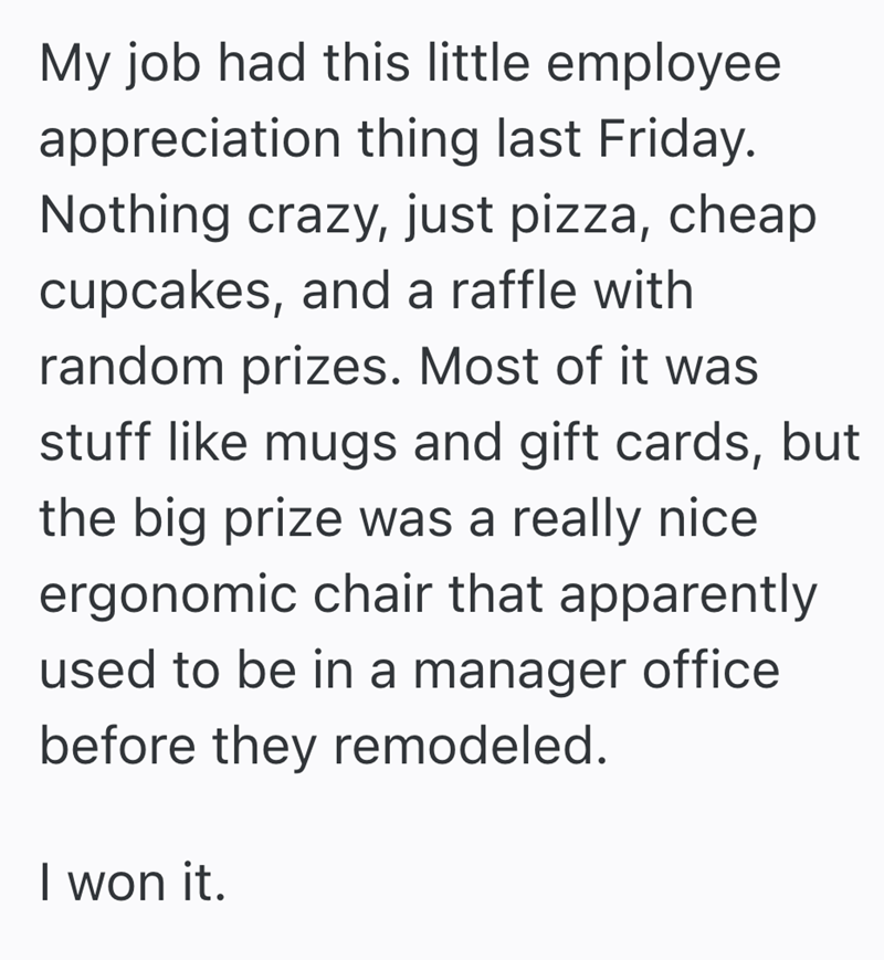 My job had this little employee appreciation thing last Friday. Nothing crazy, just pizza, cheap cupcakes, and a raffle with random prizes. Most of it was stuff like mugs and gift cards, but the big prize was a really nice ergonomic chair that apparently used to be in a manager office before they remodeled. I won it.