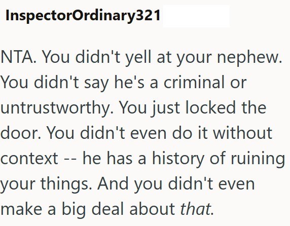 InspectorOrdinary321 NTA. You didn't yell at your nephew. You didn't say he's a criminal or untrustworthy. You just locked the door. You didn't even do it without context he has a history of ruining -- your things. And you didn't even make a big deal about that.