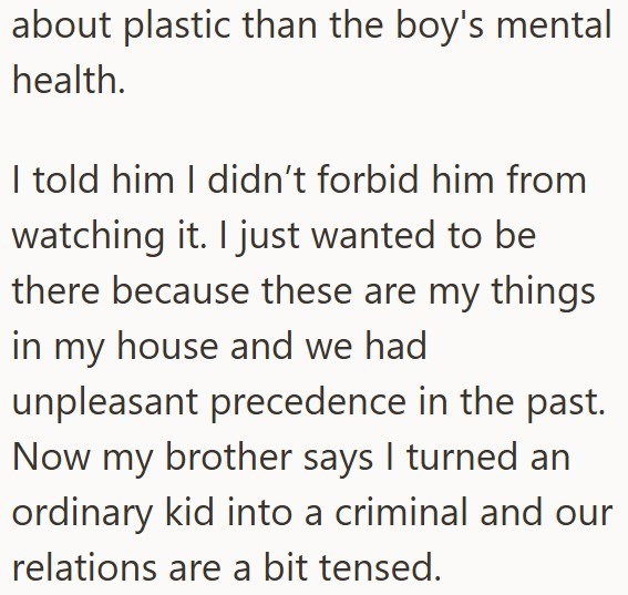 about plastic than the boy's mental health. I told him I didn't forbid him from watching it. I just wanted to be there because these are my things in my house and we had unpleasant precedence in the past. Now my brother says I turned an ordinary kid into a criminal and our relations are a bit tensed.