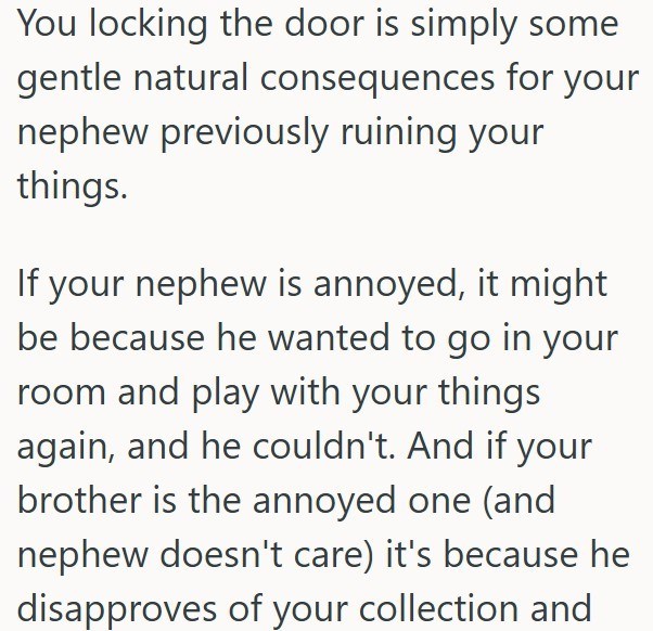 You locking the door is simply some gentle natural consequences for your nephew previously ruining your things. If your nephew is annoyed, it might be because he wanted to go in your room and play with your things again, and he couldn't. And if your brother is the annoyed one (and nephew doesn't care) it's because he disapproves of your collection and