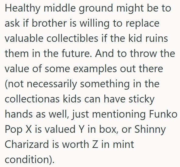 Healthy middle ground might be to ask if brother is willing to replace valuable collectibles if the kid ruins them in the future. And to throw the value of some examples out there (not necessarily something in the collectionas kids can have sticky hands as well, just mentioning Funko Pop X is valued Y in box, or Shinny Charizard is worth Z in mint condition).
