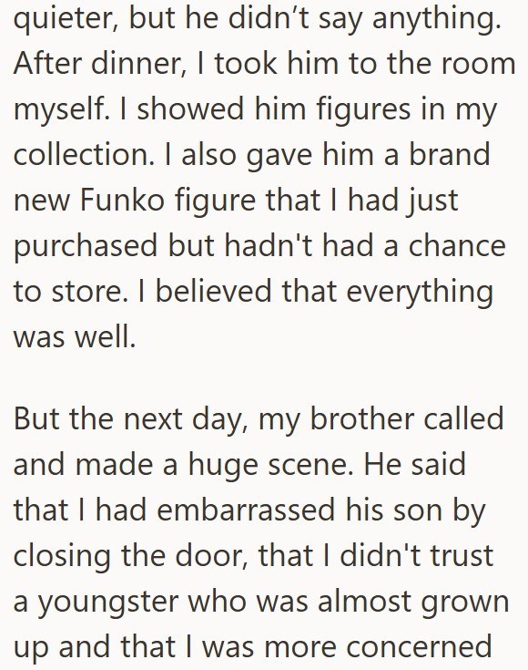 quieter, but he didn't say anything. After dinner, I took him to the room myself. I showed him figures in my collection. I also gave him a brand new Funko figure that I had just purchased but hadn't had a chance to store. I believed that everything was well. But the next day, my brother called and made a huge scene. He said that I had embarrassed his son by closing the door, that I didn't trust a youngster who was almost grown up and that I was more concerned