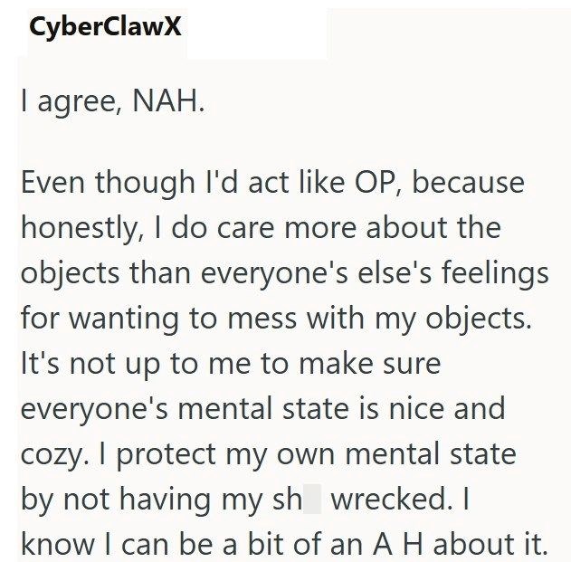 CyberClawX I agree, NAH. Even though I'd act like OP, because honestly, I do care more about the objects than everyone's else's feelings for wanting to mess with my objects. It's not up to me to make sure everyone's mental state is nice and cozy. I protect my own mental state by not having my sh wrecked. I know I can be a bit of an A H about it.