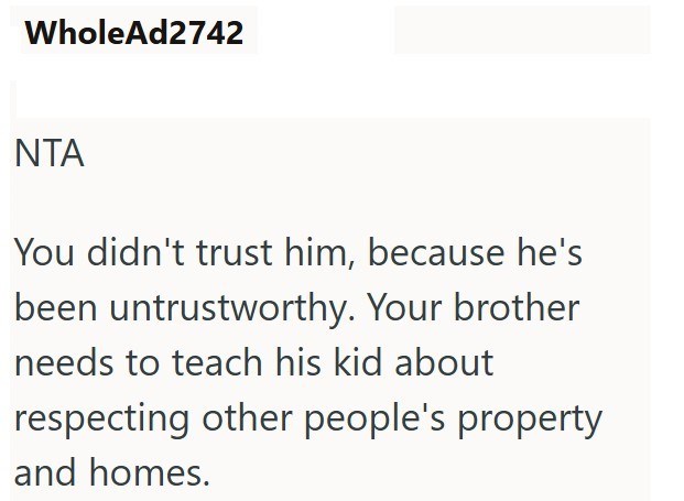 WholeAd2742 ΝΤΑ You didn't trust him, because he's been untrustworthy. Your brother needs to teach his kid about respecting other people's property and homes.