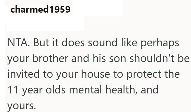 charmed1959 NTA. But it does sound like perhaps your brother and his son shouldn't be invited to your house to protect the 11 year olds mental health, and yours.