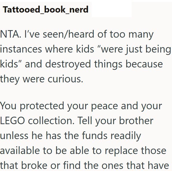 Tattooed_book_nerd NTA. I've seen/heard of too many instances where kids "were just being kids” and destroyed things because they were curious. You protected your peace and your LEGO collection. Tell your brother unless he has the funds readily available to be able to replace those that broke or find the ones that have