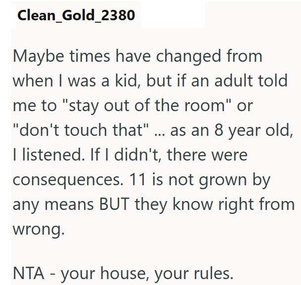 Clean_Gold_2380 Maybe times have changed from when I was a kid, but if an adult told me to "stay out of the room" or "don't touch that" ... as an 8 year old, I listened. If I didn't, there were consequences. 11 is not grown by any means BUT they know right from wrong. NTA - your house, your rules.