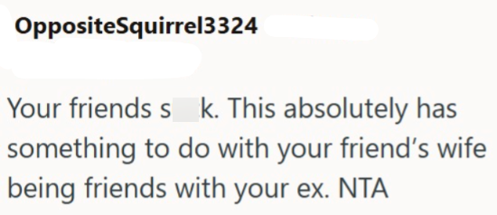 OppositeSquirrel3324 Your friends sk. This absolutely has something to do with your friend's wife being friends with your ex. NTA