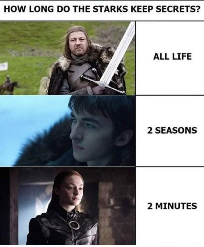 HOW LONG DO THE STARKS KEEP SECRETS? O ALL LIFE 2 SEASONS 2 MINUTES