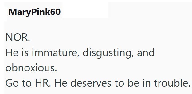 MaryPink60 NOR. He is immature, disgusting, and obnoxious. Go to HR. He deserves to be in trouble.