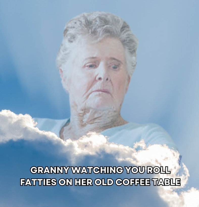 GRANNY WATCHING YOU ROLL FATTIES ON HER OLD COFFEE TABLE