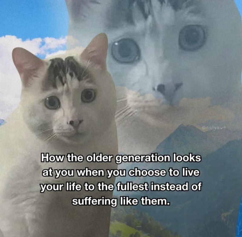 How the older generation looks at you when you choose to live your life to the fullest instead of suffering like them.