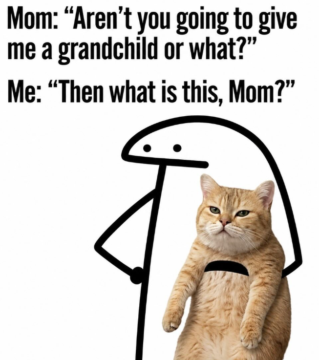 Mom: "Aren't you going to give me a grandchild or what?" Me: "Then what is this, Mom?"