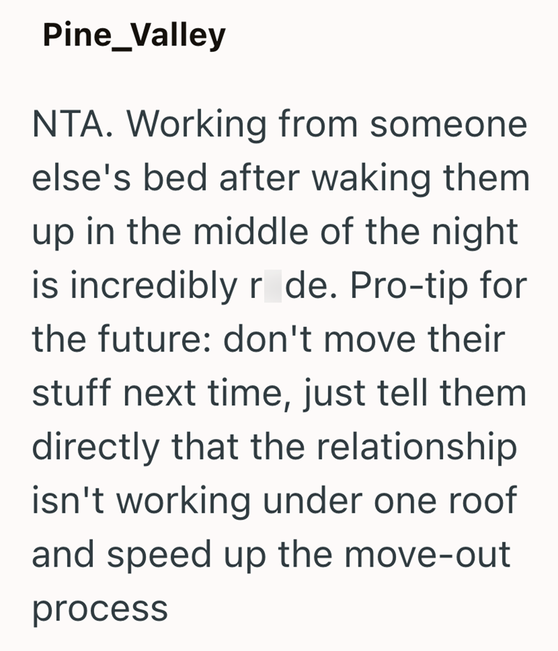 Pine_Valley NTA. Working from someone else's bed after waking them up in the middle of the night is incredibly r de. Pro-tip for the future: don't move their stuff next time, just tell them directly that the relationship isn't working under one roof and speed up the move-out process