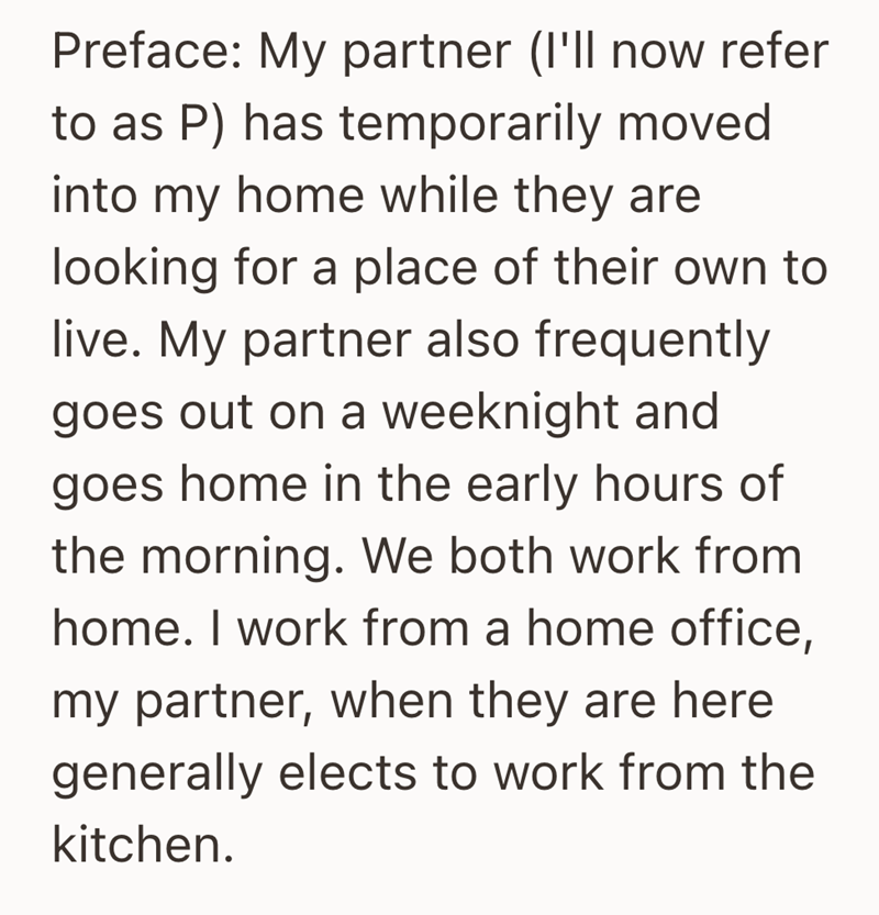 Preface: My partner (I'll now refer to as P) has temporarily moved into my home while they are looking for a place of their own to live. My partner also frequently goes out on a weeknight and goes home in the early hours of the morning. We both work from home. I work from a home office, my partner, when they are here generally elects to work from the kitchen.