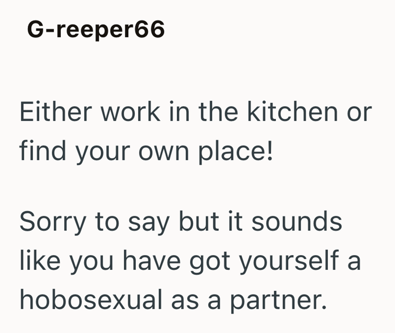 G-reeper66 Either work in the kitchen or find your own place! Sorry to say but it sounds. like you have got yourself a hobosexual as a partner.