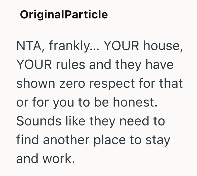 OriginalParticle NTA, frankly... YOUR house, YOUR rules and they have shown zero respect for that or for you to be honest. Sounds like they need to find another place to stay and work.