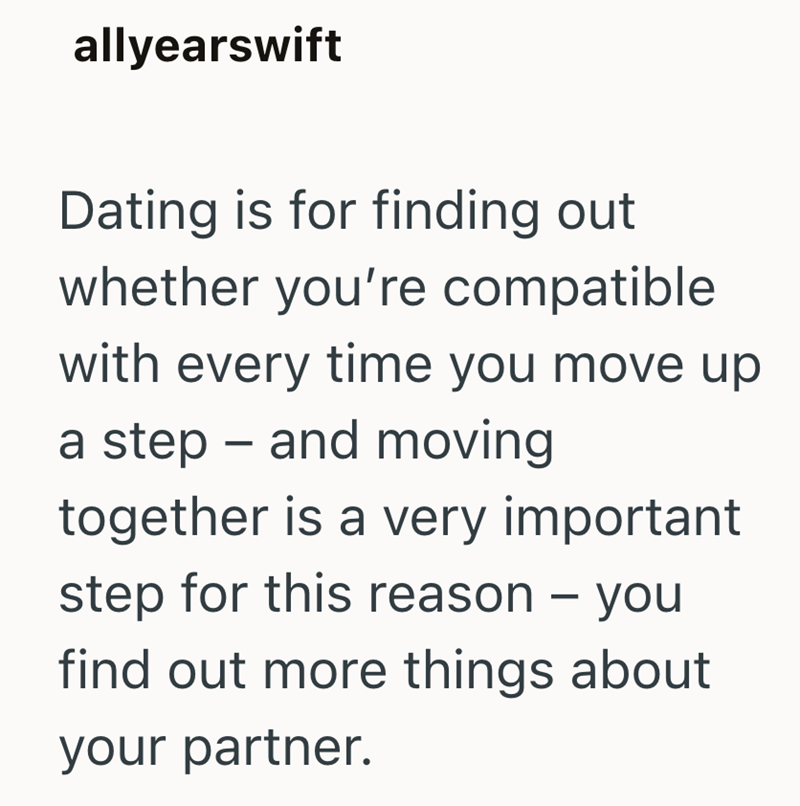 allyearswift Dating is for finding out whether you're compatible with every time you move up - a step and moving together is a very important step for this reason - you find out more things about your partner.