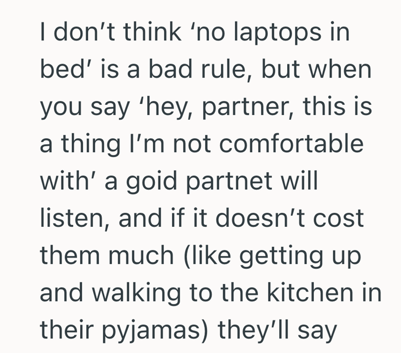 I don't think 'no laptops in bed' is a bad rule, but when you say 'hey, partner, this is a thing I'm not comfortable with' a goid partnet will listen, and if it doesn't cost them much (like getting up and walking to the kitchen in their pyjamas) they'll say