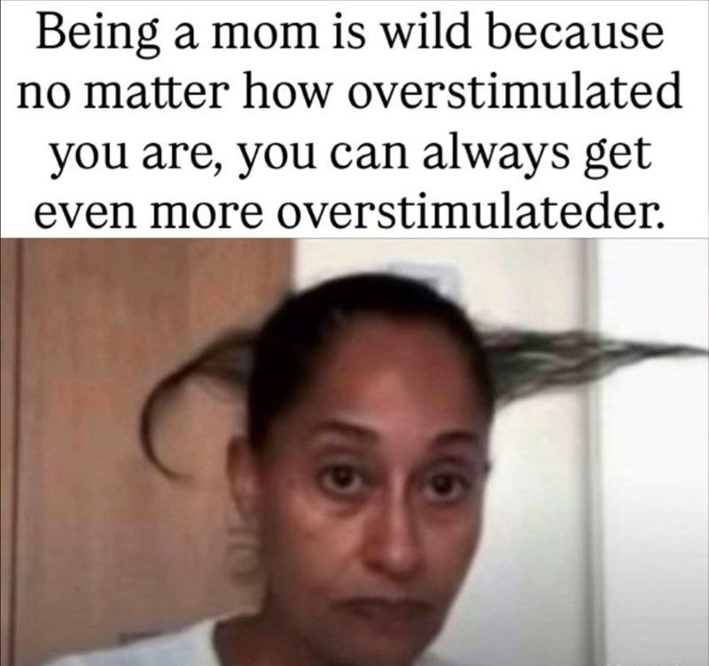 Being a mom is wild because no matter how overstimulated you are, you can always get even more overstimulateder.