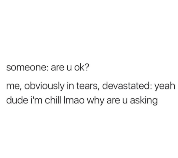 someone: are u ok? me, obviously in tears, devastated: yeah dude i'm chill Imao why are u asking