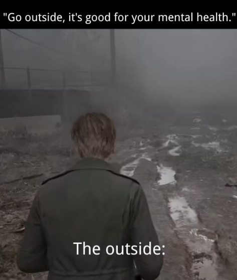 "Go outside, it's good for your mental health." The outside: