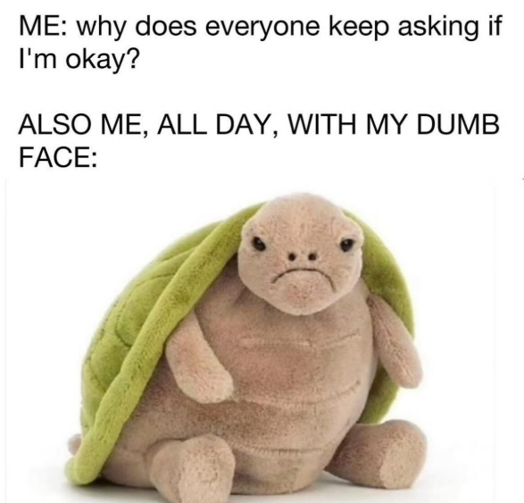 ME: why does everyone keep asking if I'm okay? ALSO ME, ALL DAY, WITH MY DUMB FACE: