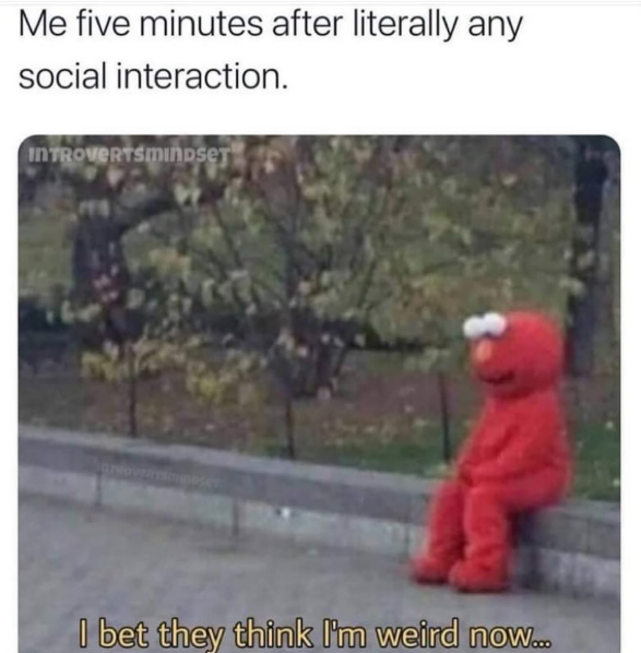 Me five minutes after literally any social interaction. INTROVERTSMINDSET I bet they think I'm weird now...