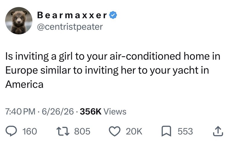 Bearmaxxer @centristpeater Is inviting a girl to your air-conditioned home in Europe similar to inviting her to your yacht in America 7:40 PM 6/26/26-356K Views 160 1805 20K 553