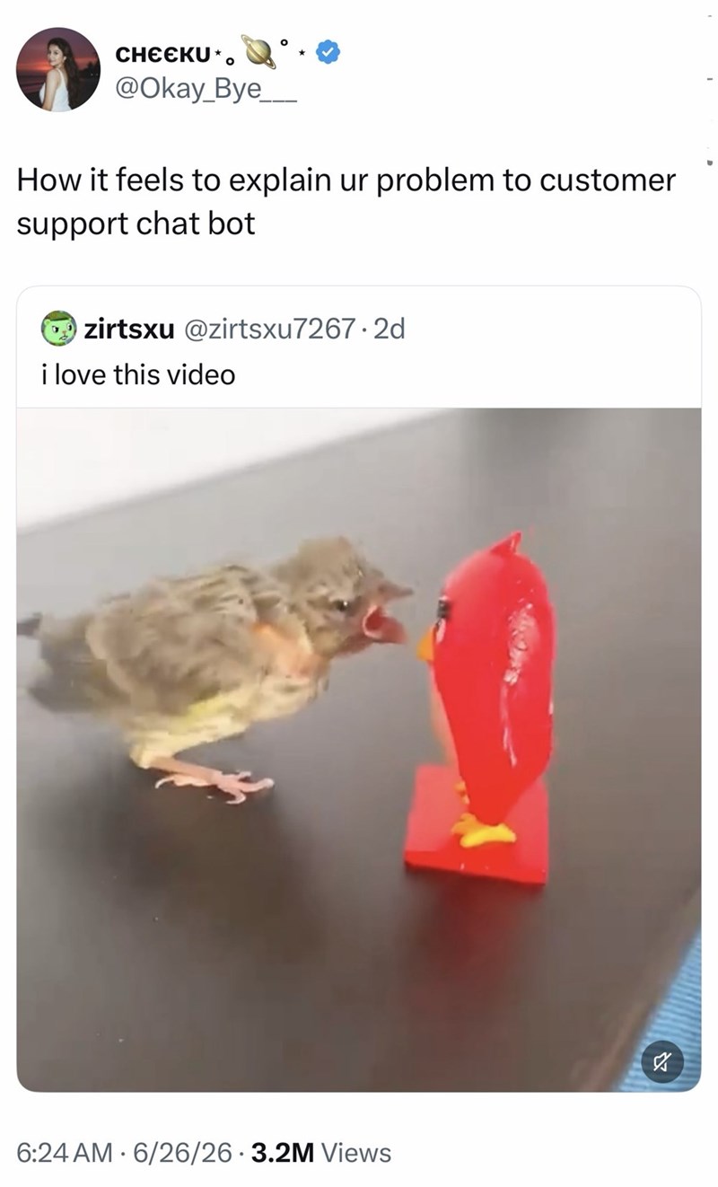 CHEEKU⭑。 @Okay_Bye_ How it feels to explain ur problem to customer support chat bot zirtsxu @zirtsxu7267.2d i love this video . 6:24 AM 6/26/26-3.2M Views ST ☑ -