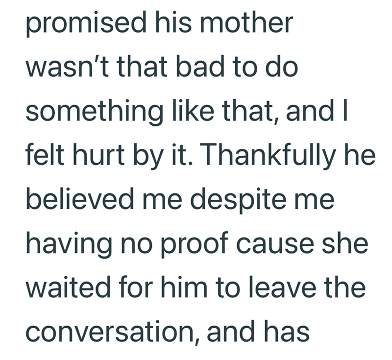 promised his mother wasn't that bad to do something like that, and I felt hurt by it. Thankfully he believed me despite me having no proof cause she waited for him to leave the conversation, and has