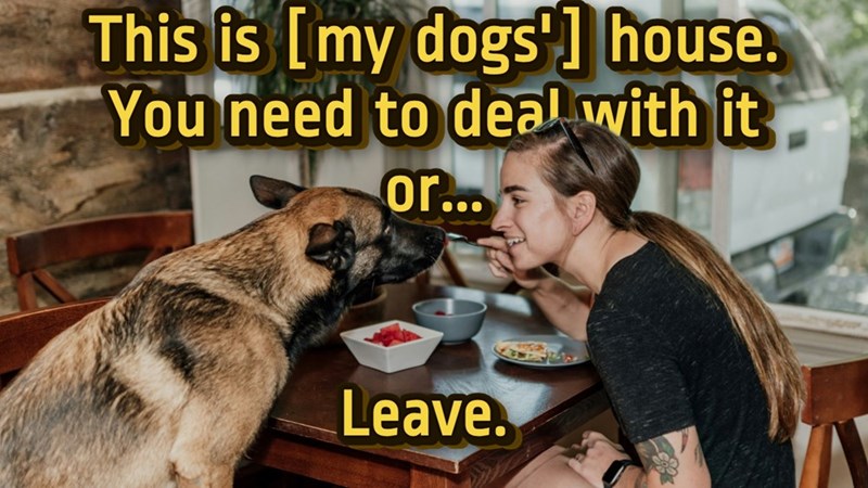 A young woman in shorts and a tshirt sits at the kitchen table with her beloved dog who she treats as a family member.