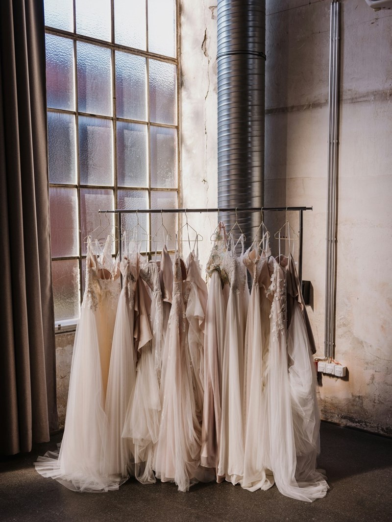 white wedding dresses hanging on dress rack