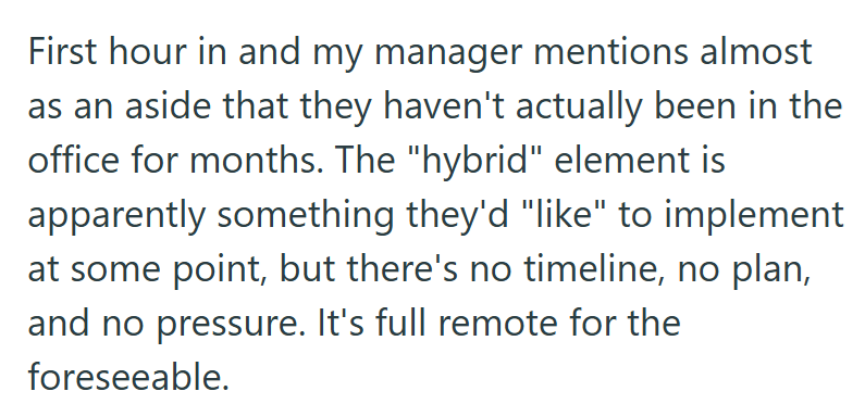 First hour in and my manager mentions almost as an aside that they haven't actually been in the office for months. The "hybrid" element is apparently something they'd "like" to implement at some point, but there's no timeline, no plan, and no pressure. It's full remote for the foreseeable.