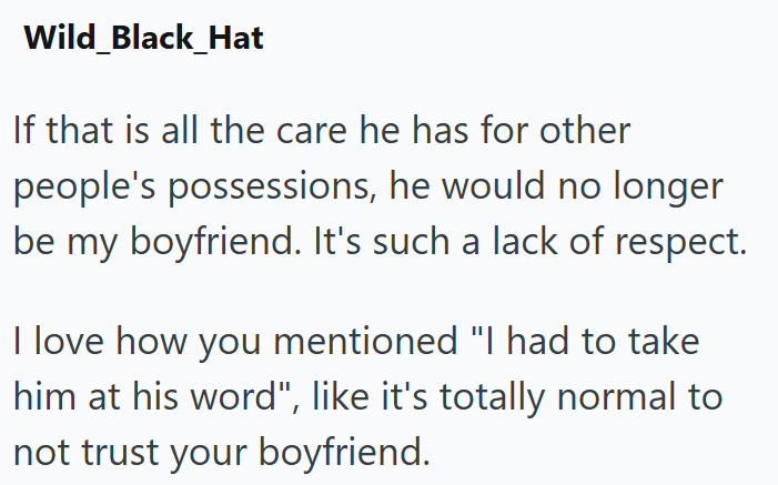 Wild_Black_Hat If that is all the care he has for other people's possessions, he would no longer be my boyfriend. It's such a lack of respect. I love how you mentioned "I had to take him at his word", like it's totally normal to not trust your boyfriend.