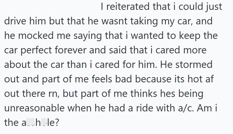 I reiterated that i could just drive him but that he wasnt taking my car, and he mocked me saying that i wanted to keep the car perfect forever and said that i cared more about the car than i cared for him. He stormed out and part of me feels bad because its hot af out there rn, but part of me thinks hes being unreasonable when he had a ride with a/c. Am i the a hole?