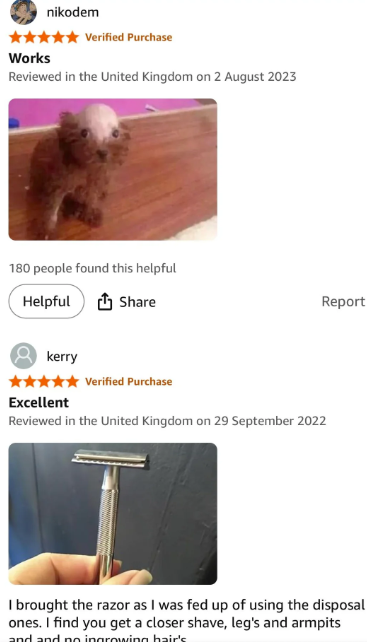 Works nikodem Verified Purchase Reviewed in the United Kingdom on 2 August 2023 180 people found this helpful Helpful Share Report kerry Excellent Verified Purchase Reviewed in the United Kingdom on 29 September 2022 I brought the razor as I was fed up of using the disposal ones. I find you get a closer shave, leg's and armpits and and no ingrowing hair's
