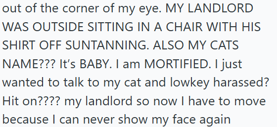 out of the corner of my eye. MY LANDLORD WAS OUTSIDE SITTING IN A CHAIR WITH HIS SHIRT OFF SUNTANNING. ALSO MY CATS NAME??? It's BABY. I am MORTIFIED. I just wanted to talk to my cat and lowkey harassed? Hit on???? my landlord so now I have to move because I can never show my face again