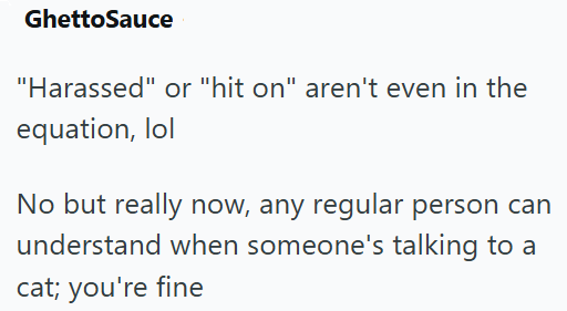 GhettoSauce "Harassed" or "hit on" aren't even in the equation, lol No but really now, any regular person can understand when someone's talking to a cat; you're fine
