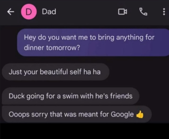 D Dad 90 Hey do you want me to bring anything for dinner tomorrow? Just your beautiful self ha ha Duck going for a swim with he's friends Ooops sorry that was meant for Google
