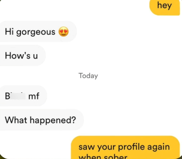 Hi gorgeous How's u Today B mf hey What happened? saw your profile again